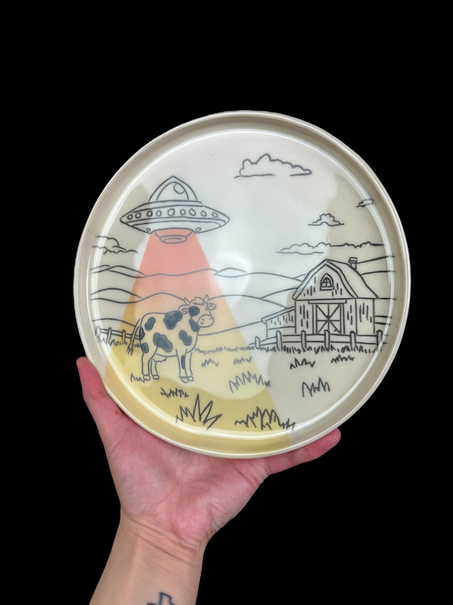Cow and UFO Stoneware Plate