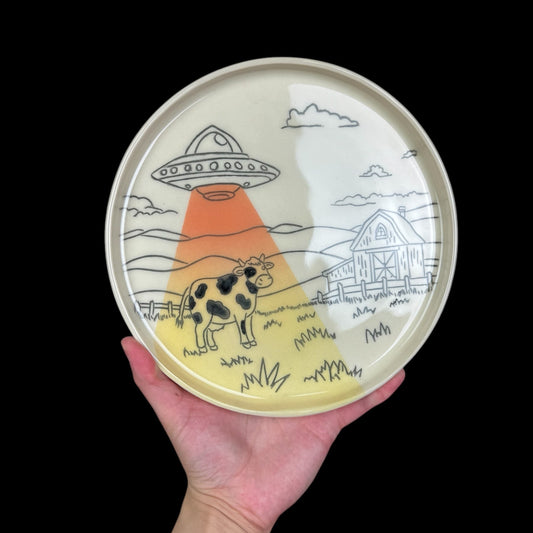 Cow and UFO Stoneware Plate